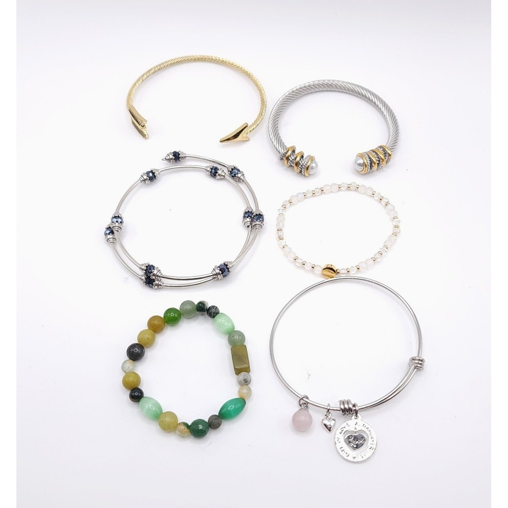 Mixed Bracelet Lot 6 Cuff Bangle Stretch Charm Beaded Silver Gold Tone Set